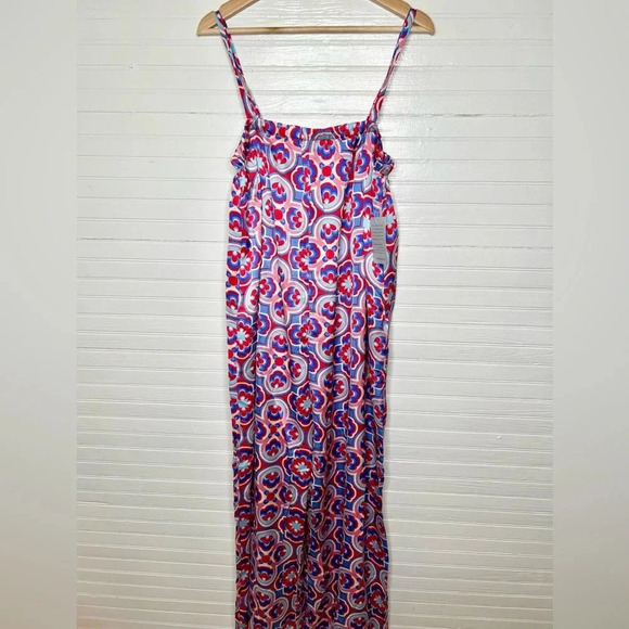 Melloday Printed Wide Leg Patterned Pocket Jumpsuit Size XL Red Blue - Picture 2 of 12